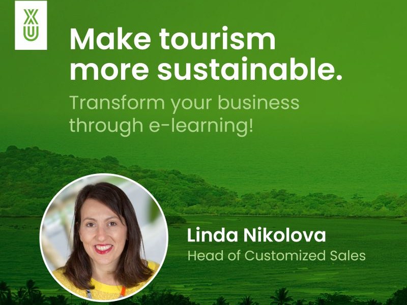 Visual von XU zur ITB Berlin: Make tourism more sustainable, mit Foto von Linda Nikolova als Head of Customized Sales